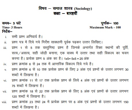 MP Board 12th sociology Guess Paper 2019 Blue Print